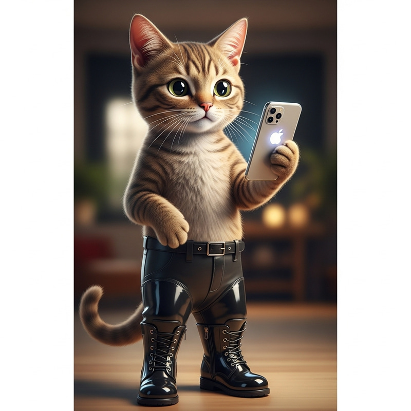 Cat in Boots Holding Smartphone - Adorable Tech-Savvy Feline Cat in Boots Holding Smartphone - Adorable Tech-Savvy Feline
