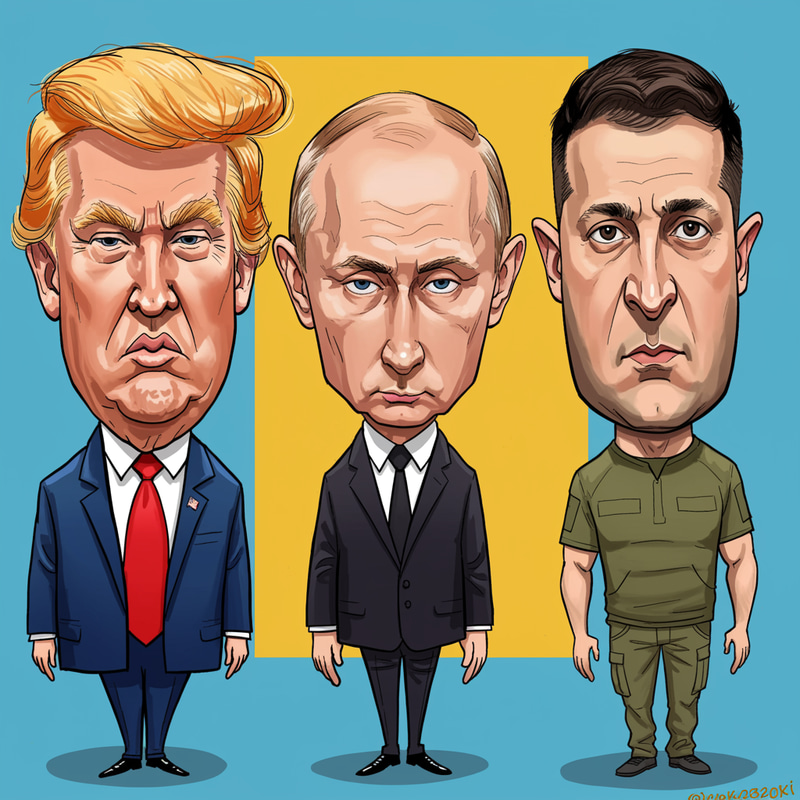 Caricature of Trump, Putin, and Zelensky
