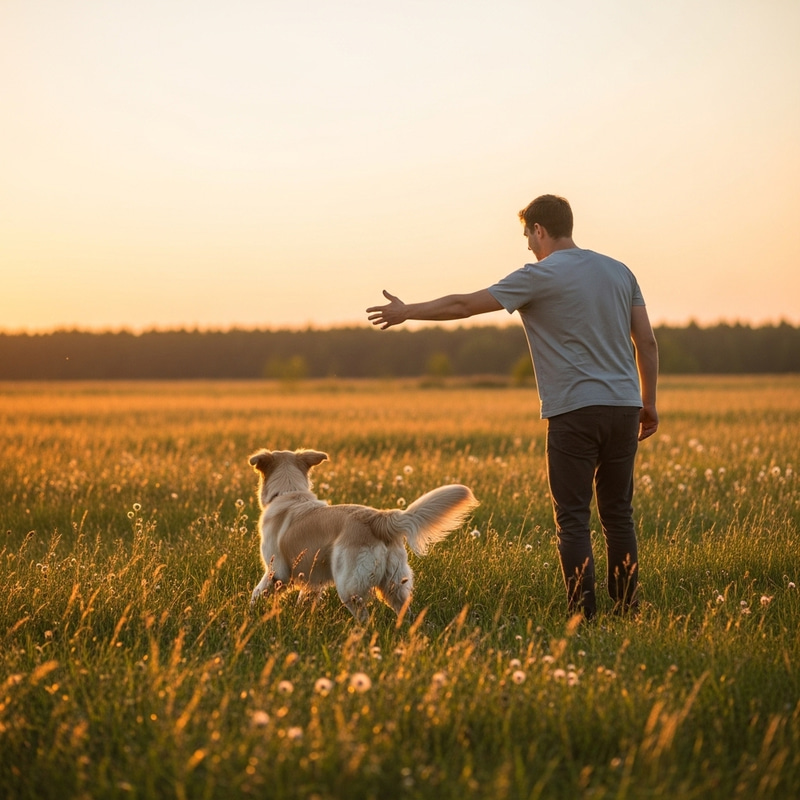 Man Calls Golden Retriever in Open Field: Serene Reunion at Sunset