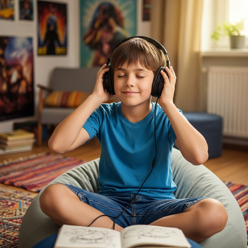 Boy Listening to Music with Headphones Boy Listening to Music with Headphones