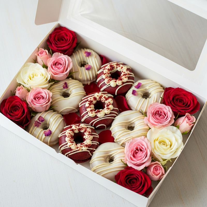 White Box with Red Velvet & White Chocolate Mini Donuts and Roses White Box with Red Velvet & White Chocolate Mini Donuts and Roses
