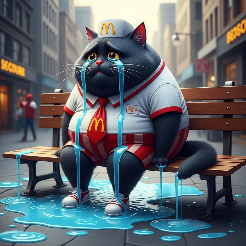 Plump Cartoon Black Cat Crying on Bench | Hyperrealistic Scene Plump Cartoon Black Cat Crying on Bench | Hyperrealistic Scene