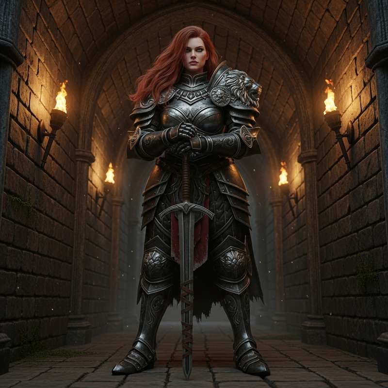 Red-Haired Woman in Armour | Powerful Pose in Dimly Lit Hallway Red-Haired Woman in Armour | Powerful Pose in Dimly Lit Hallway