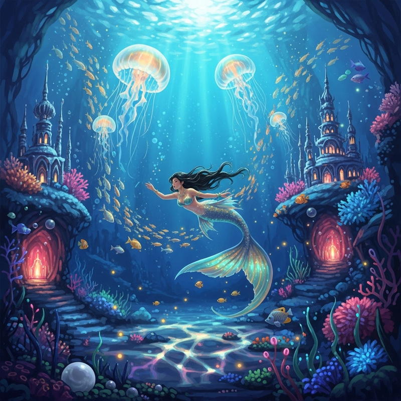 Whimsical Underwater Mermaid Fantasy with Vibrant Marine Life