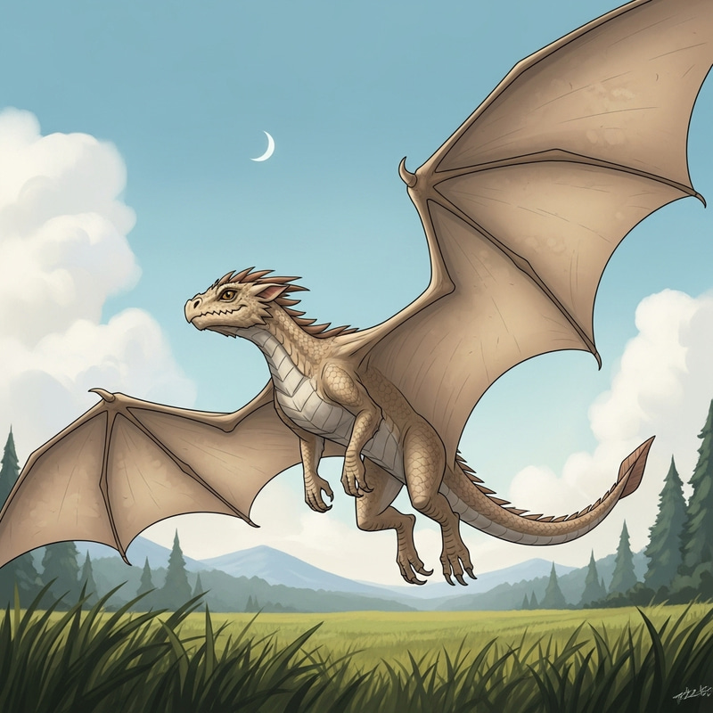 Young Beige Dragon Soaring Above Field