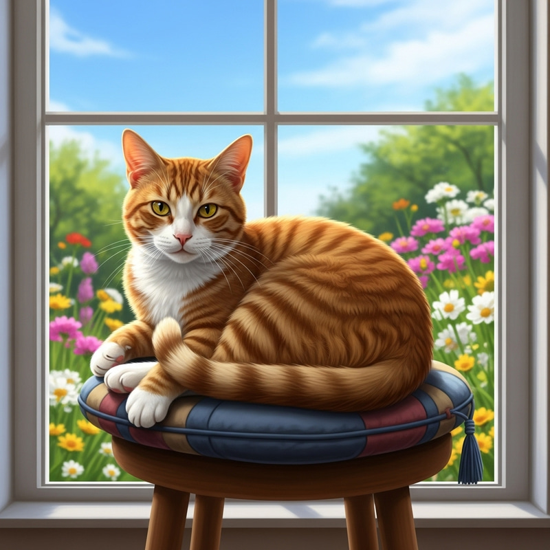 Charming Cat Lounging Near a Garden View Charming Cat Lounging Near a Garden View
