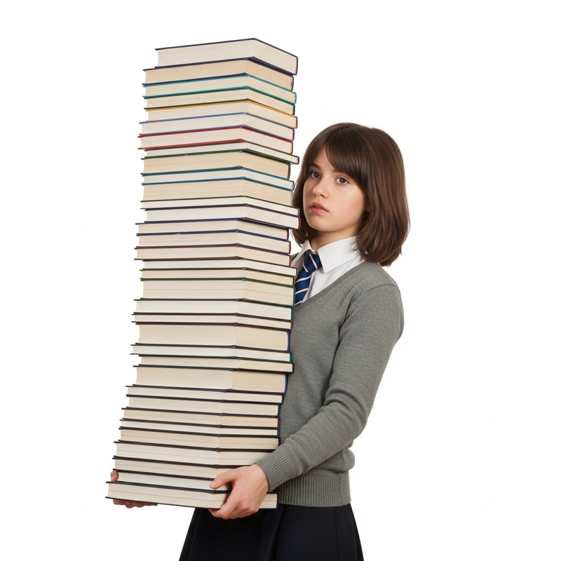 Young Girl Carrying Impressive Stack of Books - Hermione Granger