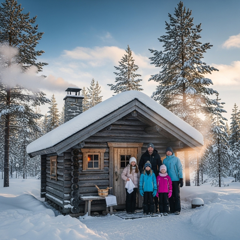 People in Front of Charming Log Cabin Sauna People in Front of Charming Log Cabin Sauna