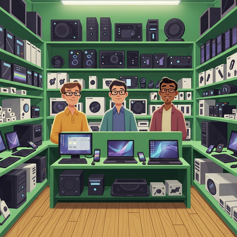 Electronics Store with Three Glasses-Wearing Clerks & Green Theme Electronics Store with Three Glasses-Wearing Clerks & Green Theme