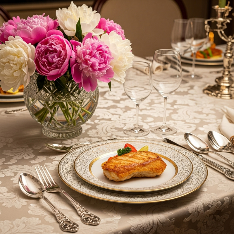 Delicious Chicken Cutlets & Peonies on Exquisite Plate
