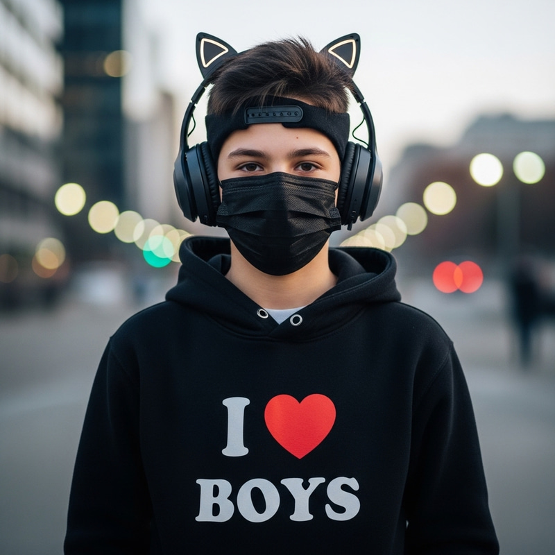 Boy in Cat Ear Headphones and 'I Love Boys' Hoodie Boy in Cat Ear Headphones and 'I Love Boys' Hoodie