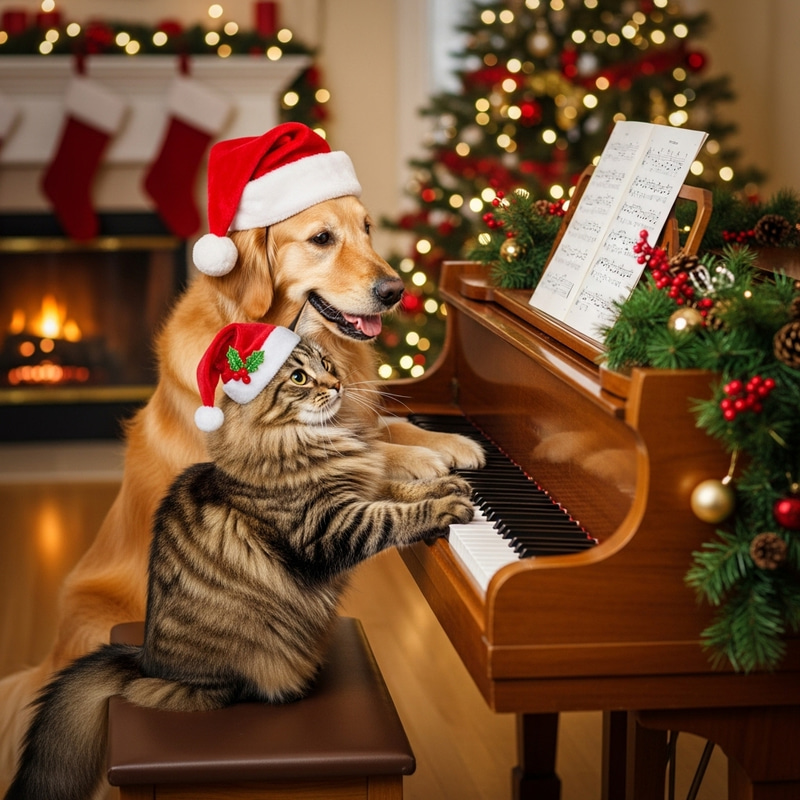 Norwegian Cat and Golden Retriever Playing Piano in Festive Hats