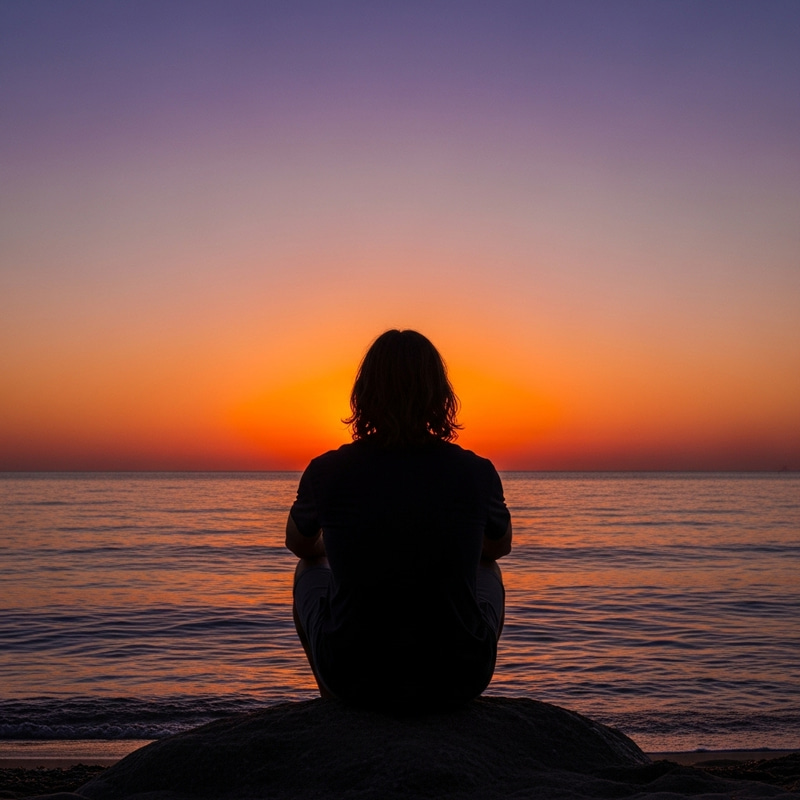 Man Sitting by the Calm Sea at Sunset Man Sitting by the Calm Sea at Sunset