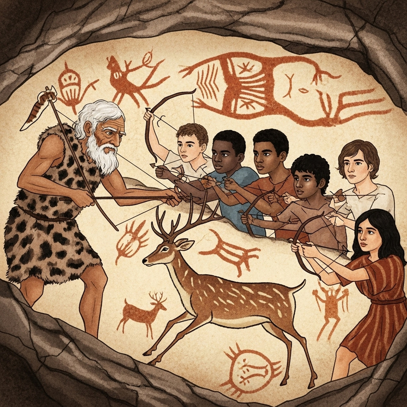 Older Hunter and Students in Cave Painting Hunting Deer Older Hunter and Students in Cave Painting Hunting Deer