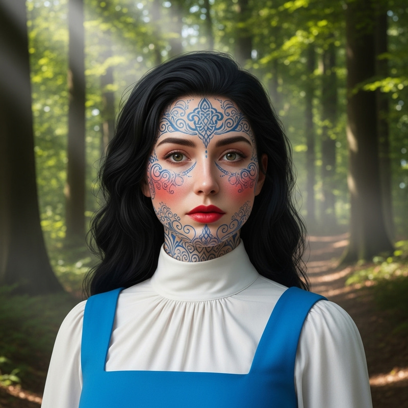 Serene Forest Portrait: Caucasian Woman with Face Tattoos Serene Forest Portrait: Caucasian Woman with Face Tattoos