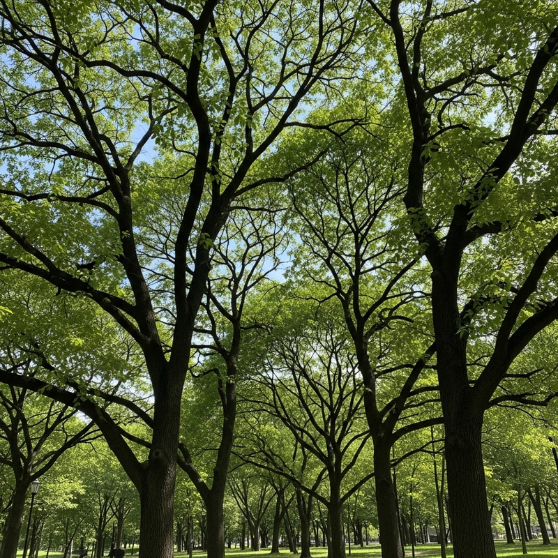 Tranquil Park with Diverse Trees and Illuminated Details
