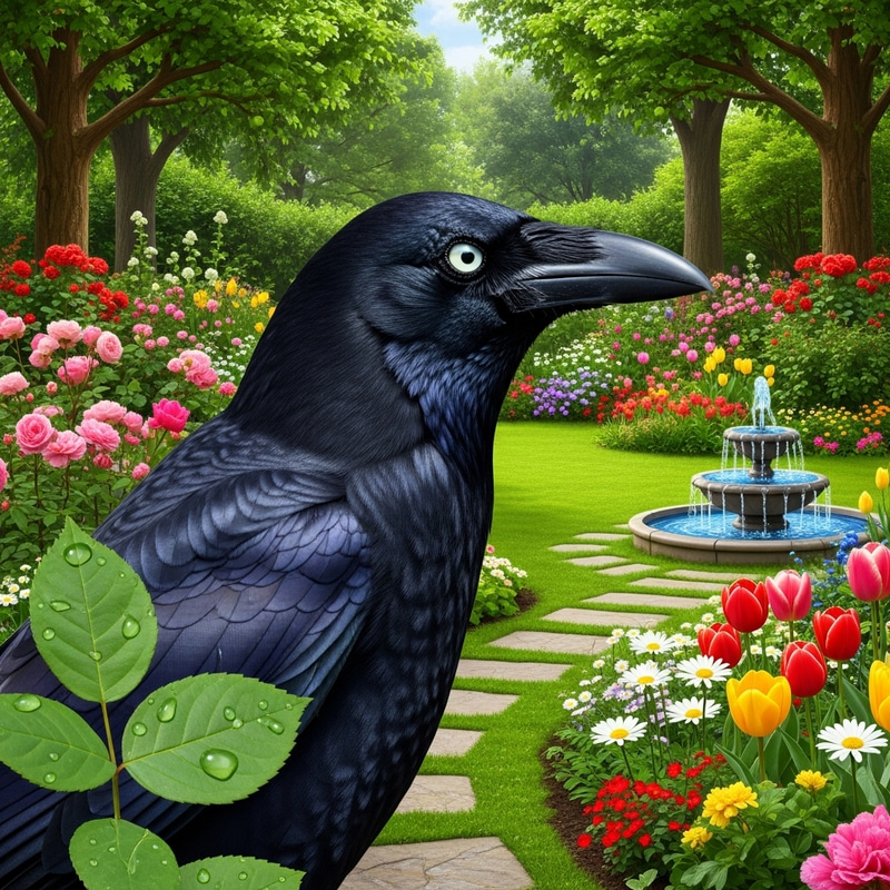 Thirsty Crow in Lush Garden