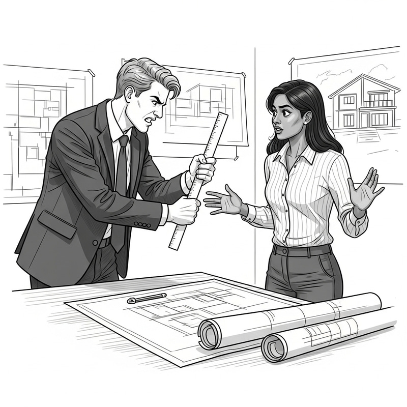 Client Confronts Interior Designer in Black and White Sketch Client Confronts Interior Designer in Black and White Sketch