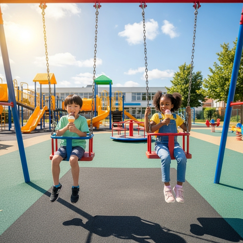 Kindergarten Playground: Children Enjoying Ice Cream on Swing Set Kindergarten Playground: Children Enjoying Ice Cream on Swing Set