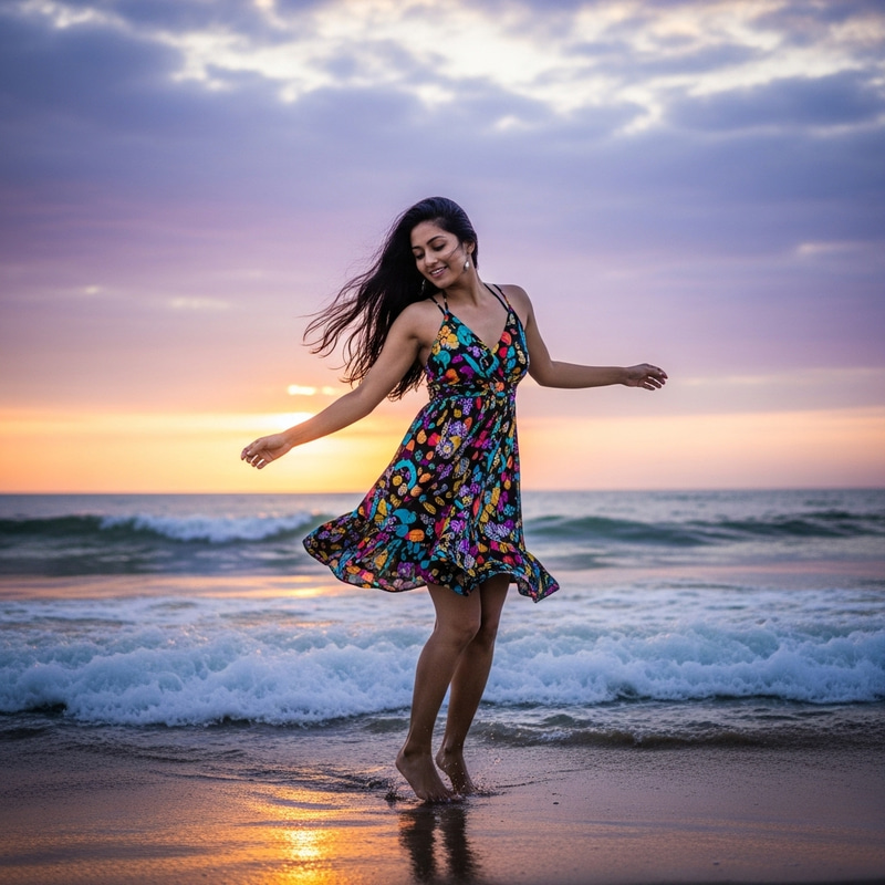 Slim South Asian Woman Dancing on Beach at Sunset Slim South Asian Woman Dancing on Beach at Sunset
