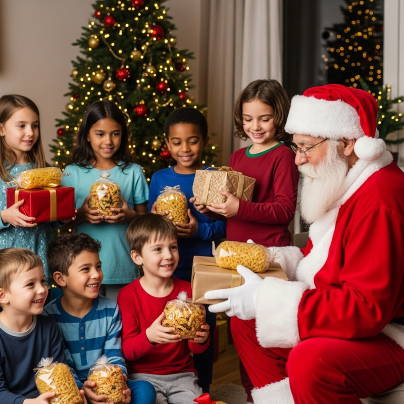 Santa Claus Gifts Kids with Special Pasta Presents Santa Claus Gifts Kids with Special Pasta Presents