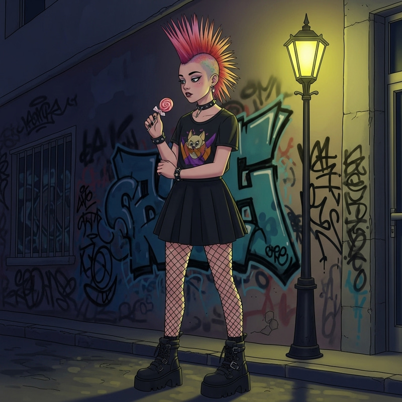 Punk Teen Girl in Black Skater Skirt with Cigarette Punk Teen Girl in Black Skater Skirt with Cigarette