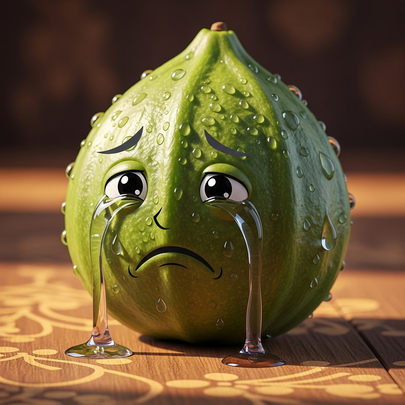 Crying Chico Fruit - Emotional Cartoon Character on Wooden Tabletop Crying Chico Fruit - Emotional Cartoon Character on Wooden Tabletop