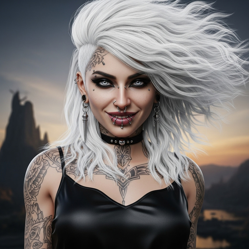Alluring Goth Female Character with Striking Silver-Gray Eyes Alluring Goth Female Character with Striking Silver-Gray Eyes