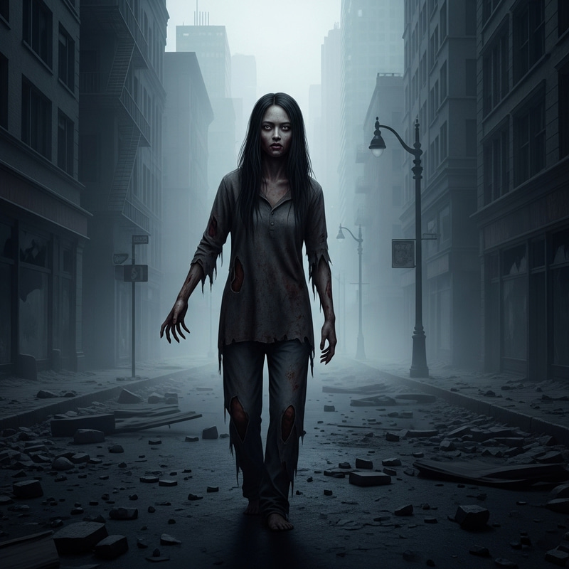 Haunting Asian Female Zombie in Abandoned City Haunting Asian Female Zombie in Abandoned City