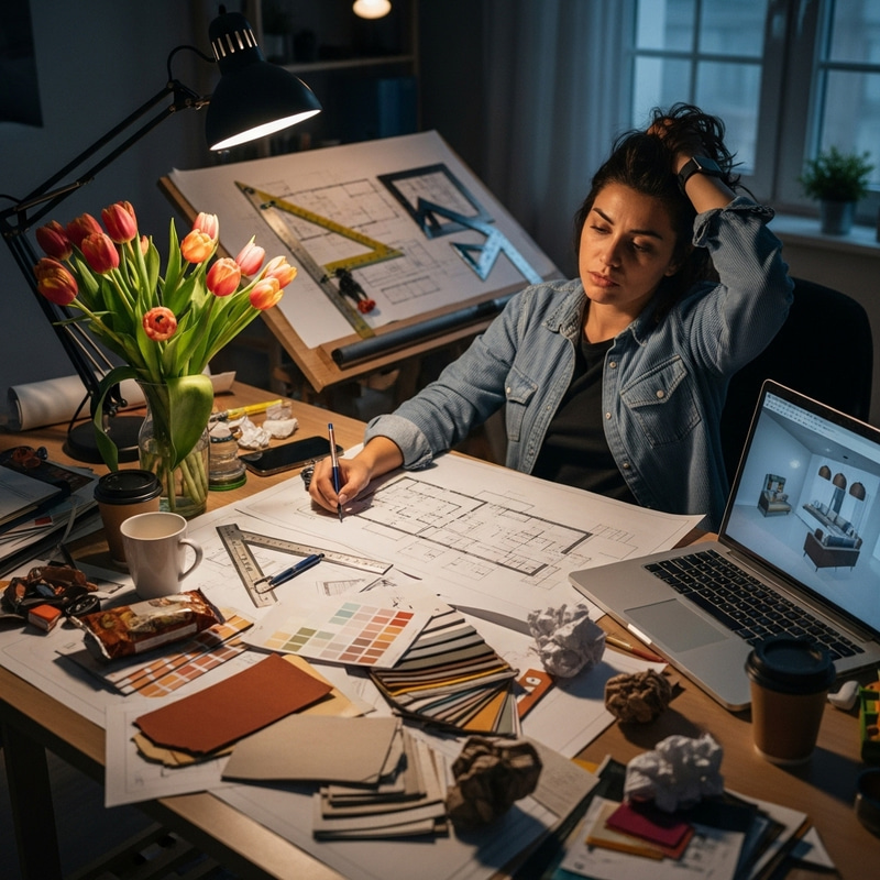 Tulip Bouquet and Exhausted Hispanic Interior Designer at Work