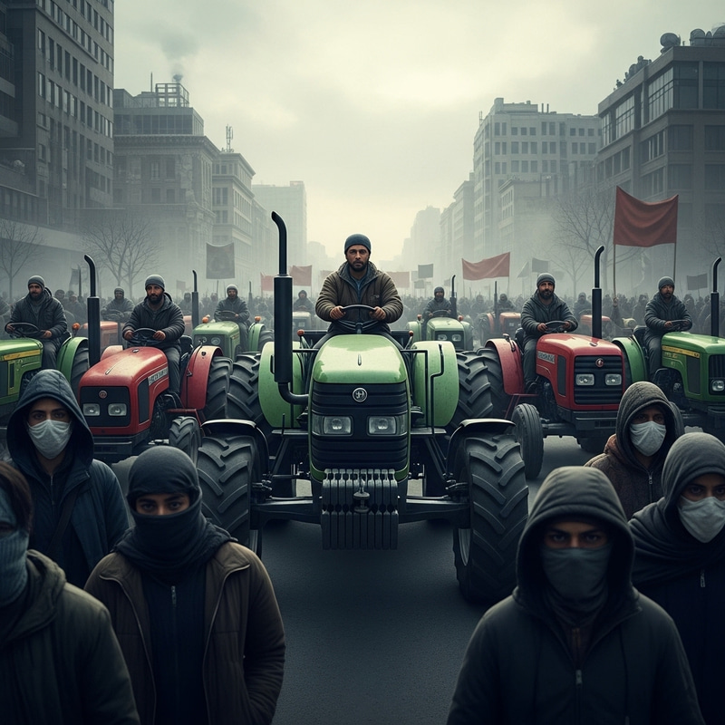 Angry Farmers' Protest with Tractors and Masked Participants in Dystopian Scene Angry Farmers' Protest with Tractors and Masked Participants in Dystopian Scene