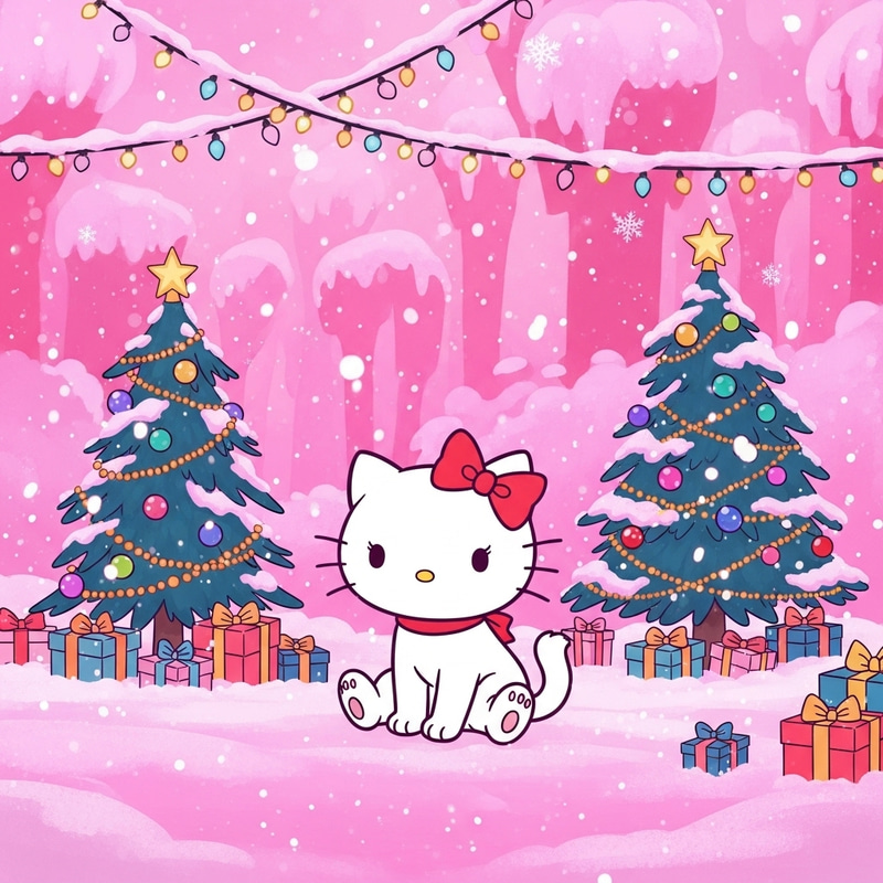Hello Kitty in Pink Winter Wonderland | Cute Christmas Illustration Hello Kitty in Pink Winter Wonderland | Cute Christmas Illustration