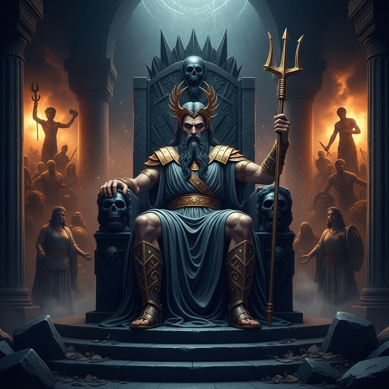 Hades, Underworld Ruler, Holding Poseidon's Trident on Throne