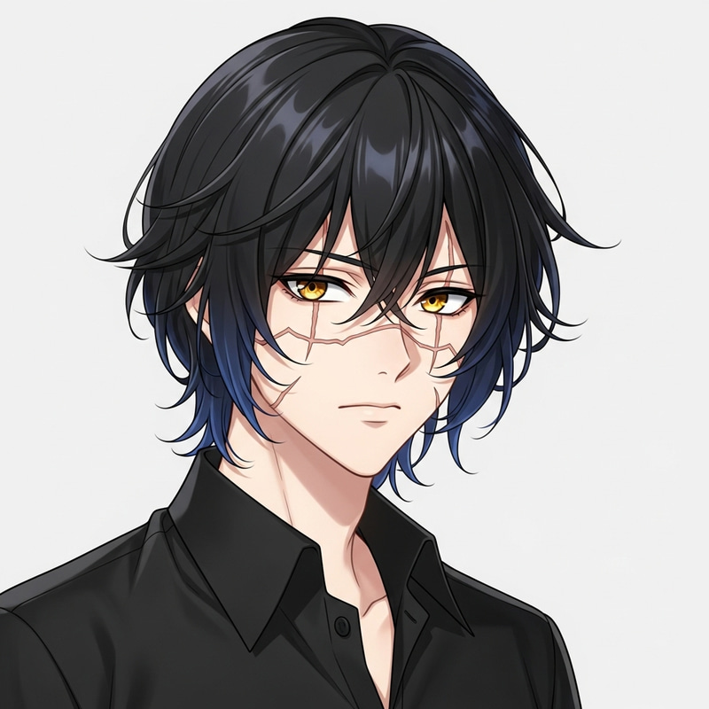 Young Anime Character with Wavy Black & Blue Hair | Scar & Golden Eyes Young Anime Character with Wavy Black & Blue Hair | Scar & Golden Eyes