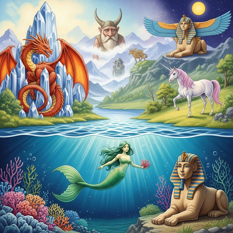 Mythical Creatures Watercolor Painting - Dragon, Mermaid, Unicorn & More