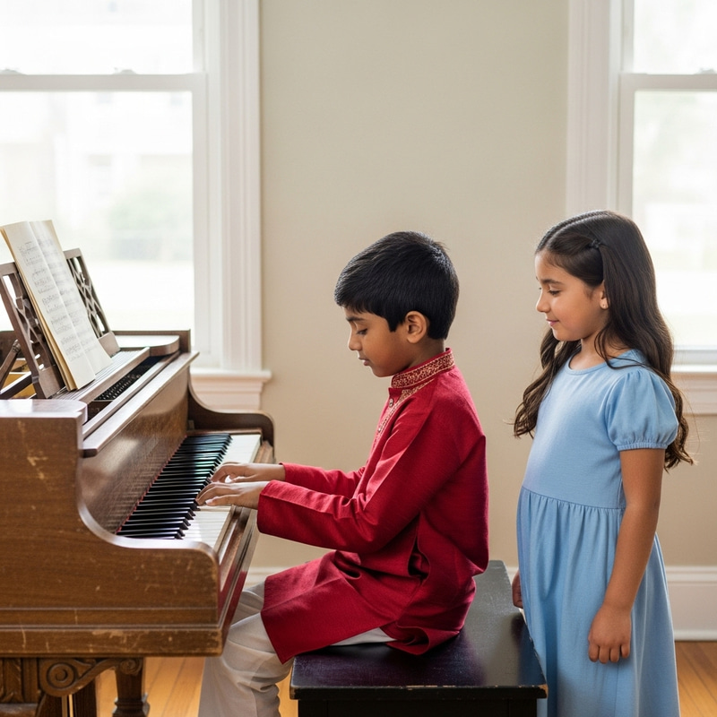 Captivating Piano Performance by Boy with Girl Listening Captivating Piano Performance by Boy with Girl Listening