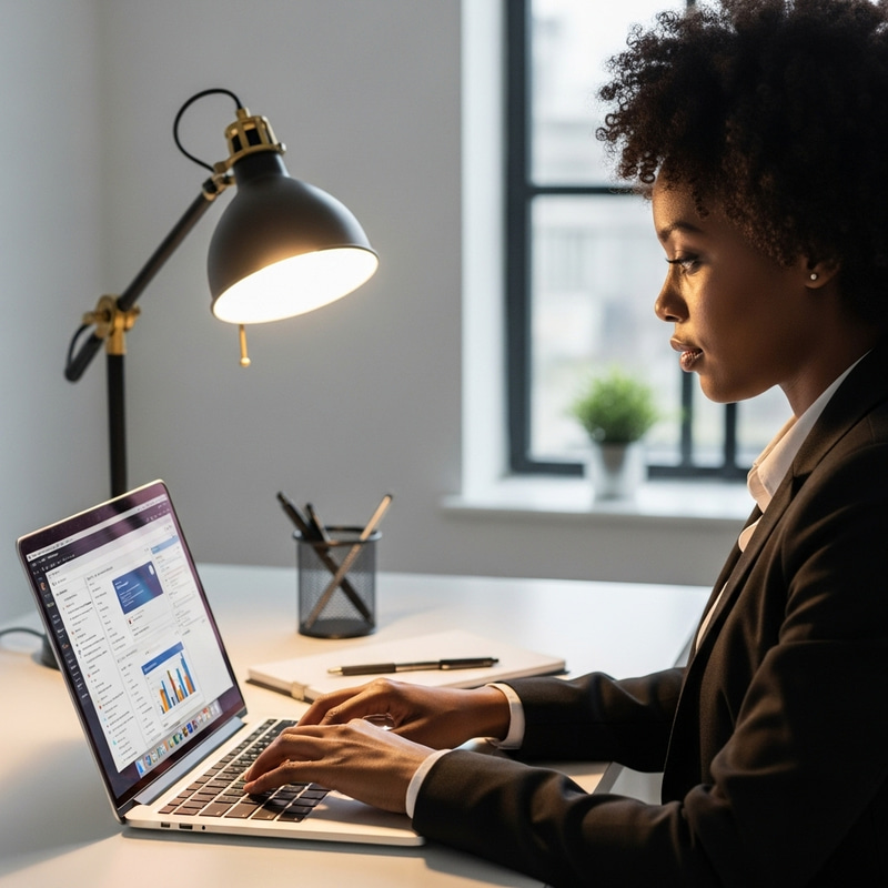Focused Ebony Woman Typing on Laptop in Modern Workspace Focused Ebony Woman Typing on Laptop in Modern Workspace
