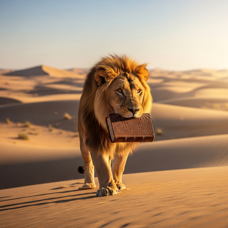 Lion Carrying Book in Desert Lion Carrying Book in Desert