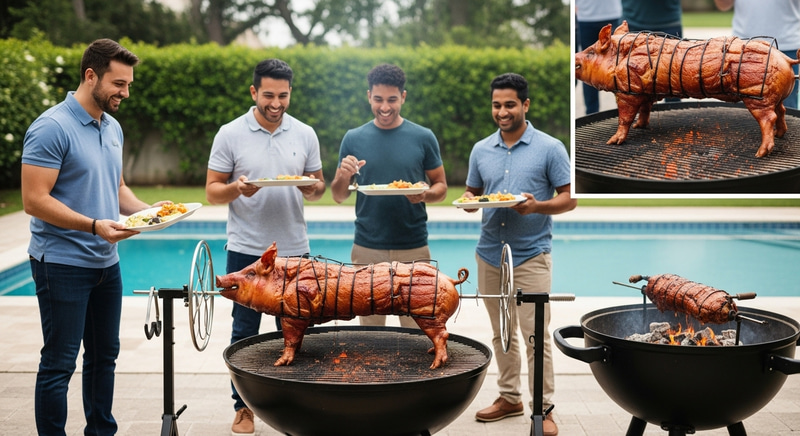 Vibrant Festive BBQ: Men Roasting Whole Pig by Pool