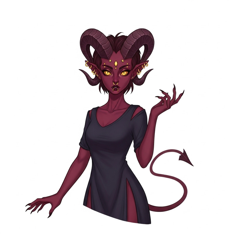 Burgundy Tiefling with Golden Eyes, Horns, Piercings, and Tail
