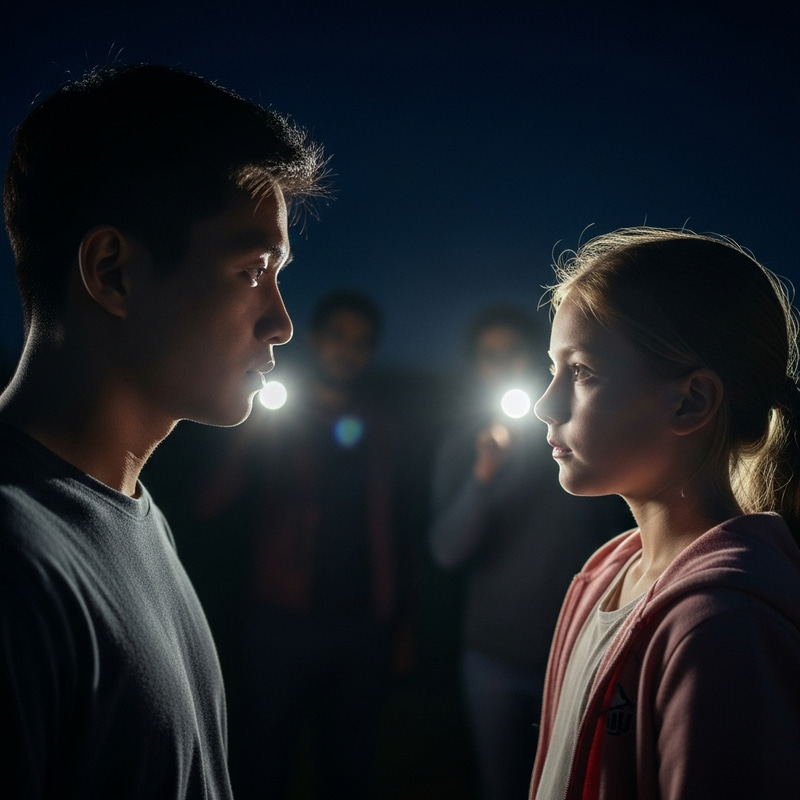 Night Profiles: Man and Woman with Flashlights in Background