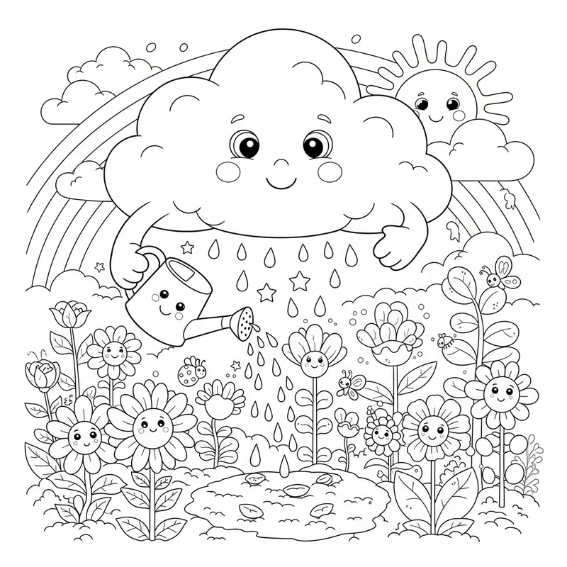 Enchanting Cloud Coloring Page: Planting Garden for Children Enchanting Cloud Coloring Page: Planting Garden for Children