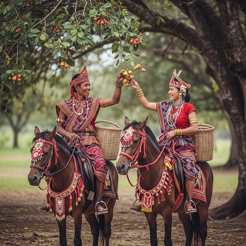 Sumba Island Couple in Traditional Attire Harvest Cashew Nuts on Horseback