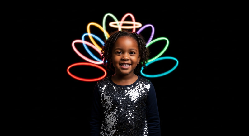 Smiling Little Girl with Colorful Halos in the Dark Smiling Little Girl with Colorful Halos in the Dark