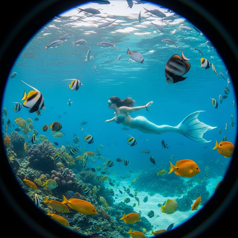 Surreal Underwater Mermaid Swimming with Tropical Fish Surreal Underwater Mermaid Swimming with Tropical Fish