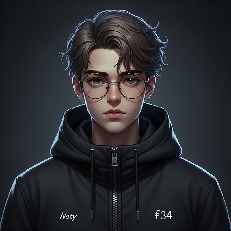 Dark Mood Young Boy with Wavily Dark Brown Hair and Circular Glasses Dark Mood Young Boy with Wavily Dark Brown Hair and Circular Glasses