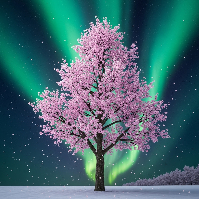 Cherry Blossom Tree with Aurora Borealis Scenery Cherry Blossom Tree with Aurora Borealis Scenery