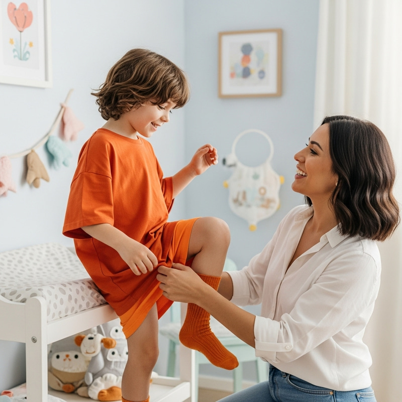 Cute 7-Year-Old Boy in Orange Shirt and Diaper with Mom Cute 7-Year-Old Boy in Orange Shirt and Diaper with Mom