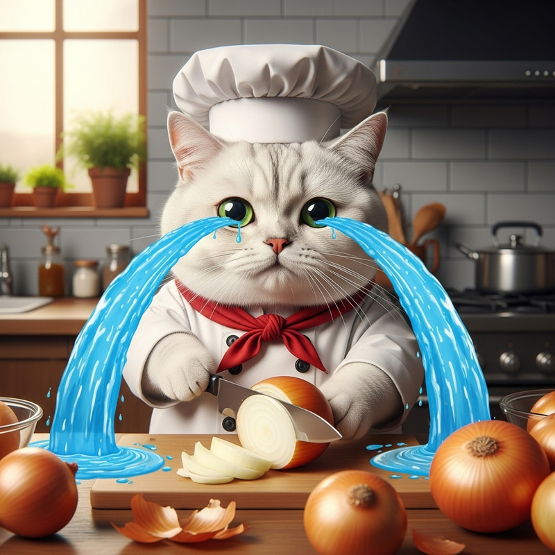 Chubby British Cat Chef Cutting Onion with Realistic Green Eyes Chubby British Cat Chef Cutting Onion with Realistic Green Eyes