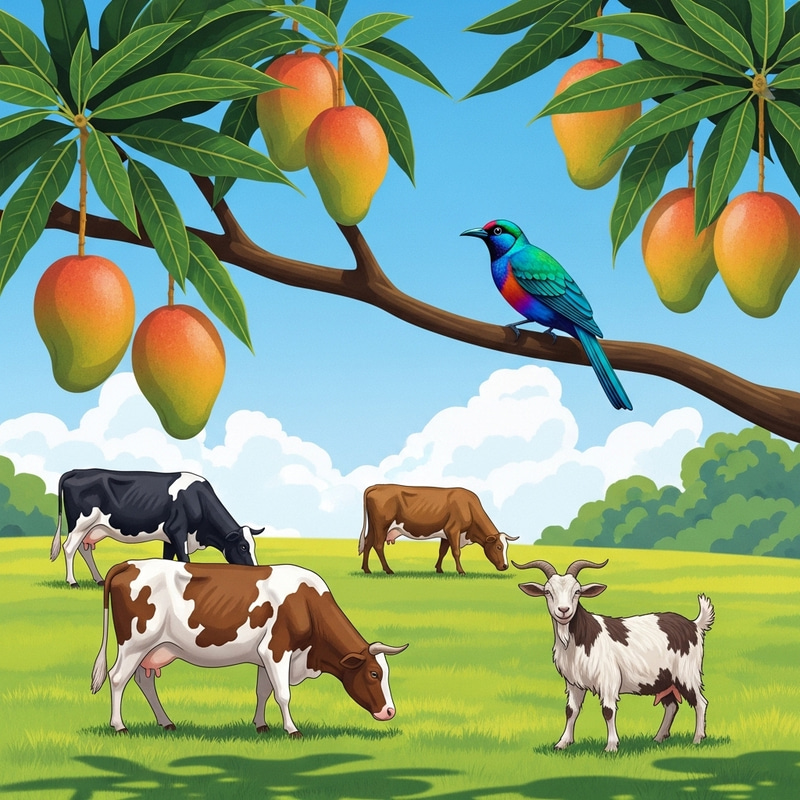 Colorful Bird, Cows, and Goat in a Mango Tree Farm | Artwork Colorful Bird, Cows, and Goat in a Mango Tree Farm | Artwork
